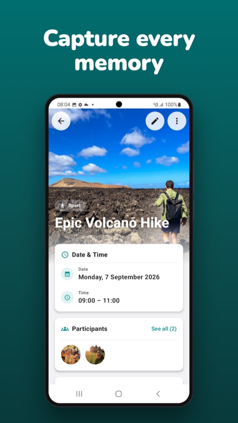 BuddyLog on Android: an event with date, time, and participants