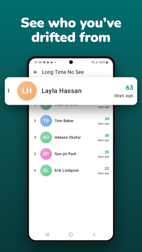 BuddyLog on Android: the Long Time No See list, sorting people by how many days since you last saw them