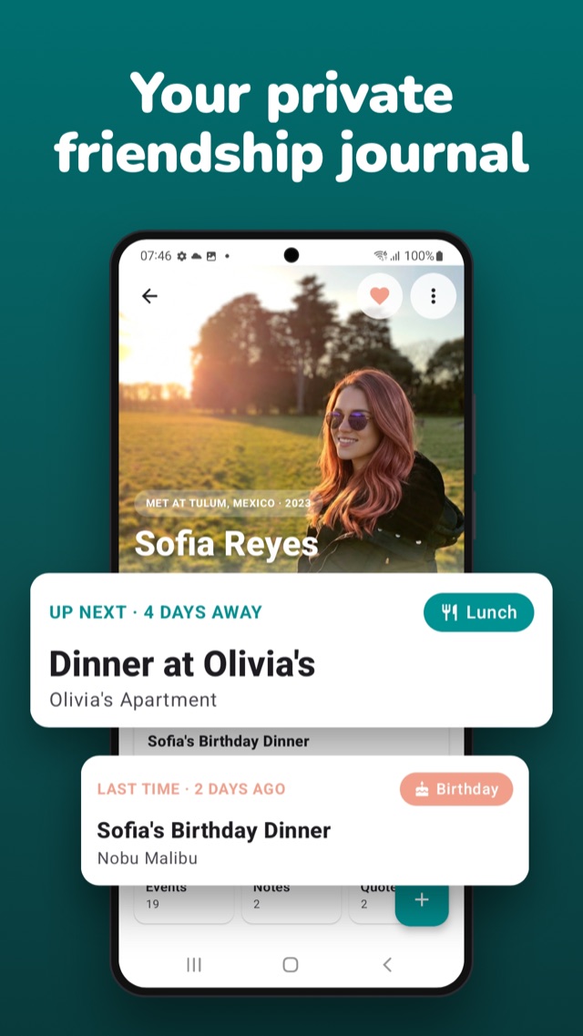 BuddyLog on Android: a person's profile showing where you met, the next planned event, and the last time you saw them